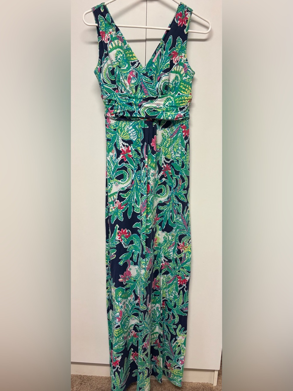 Lilly Pulitzer Navy Maxi Dress with Green & Pink Tropical Print